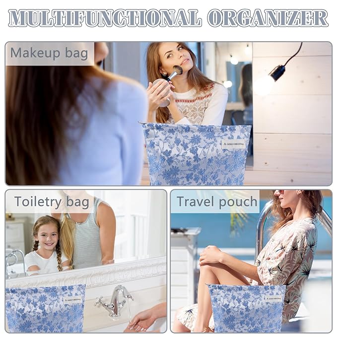 ZLFSRQ Daisy Flower Makeup Bag Travel Floral Cute Cosmetic Bags for Women Large Toiletry Pouch Zipper Cosmetic Pouch for Purse Aesthetic Embroidery Blue Makeup Organizer Bag Portable Toiletry Bags