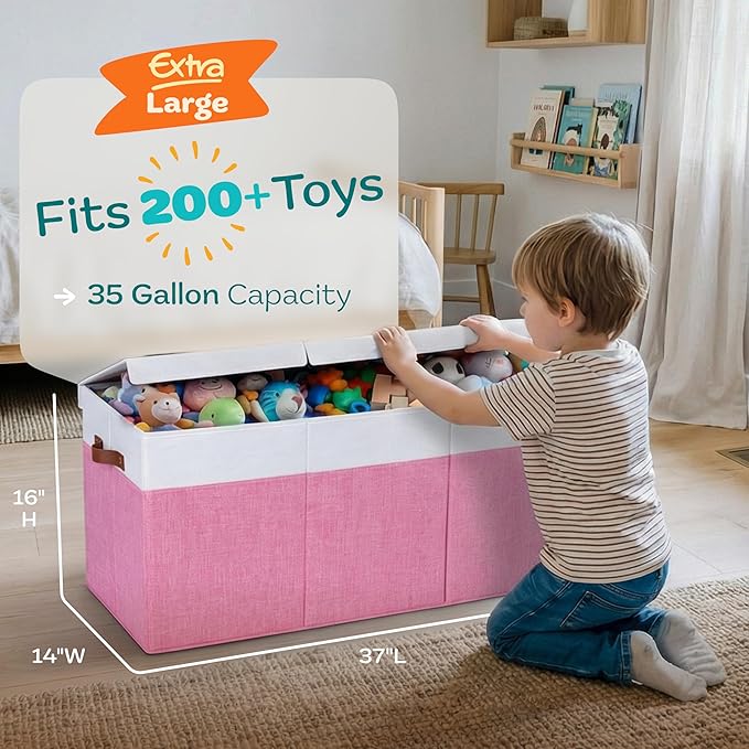 Extra Large Toy Storage Organizer with Lid - Sturdy, Collapsible Toy Chest Storage Box Design - Toys Bin with Dividers for Kids, Nursery, Bedroom, Playroom 37"x16"x14"