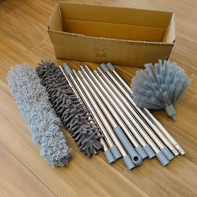20+ Feet High Reach Duster Kit with 3-14 ft Extension Pole for Cleaning Fan, Spider Web, High Ceiling, Blinds, Furniture, Cars - Cobweb Microfiber Duster // Outdoor & Indoor Extendable Duster