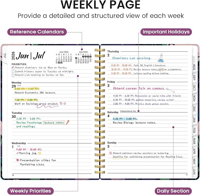 Planner 2026-2027, Academic Monthly and Weekly Calendar Planner for Women, July 2026 - June 2027, Hardcover Pretty Agenda Planner Book with Tabs, Spiral Daily Organizer for School Office Home Supplies, 6.3" x 8.5" - Plum Reverie