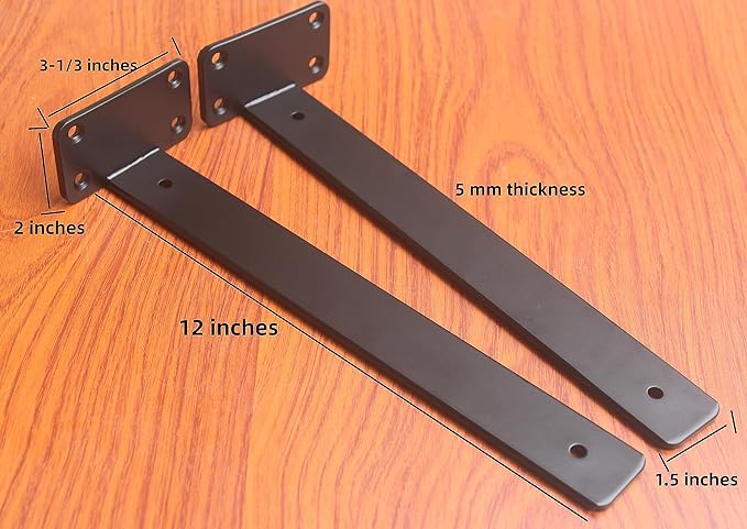 10 Pack - 12 inch Black Hidden L Shelf Bracket (1/5 Inch Thicked) Iron Floating Shelf Brackets Rustic Industrial Metal Brackets for Shelf Support