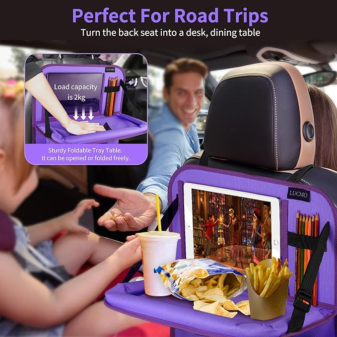 LUCMO Car Backseat Organizer with Tablet Holder, 6 Storage Pockets Car Storage Organizer with Foldable Food Tray, Seat Protectors Kick Mats Travel Accessories - Dark Purple
