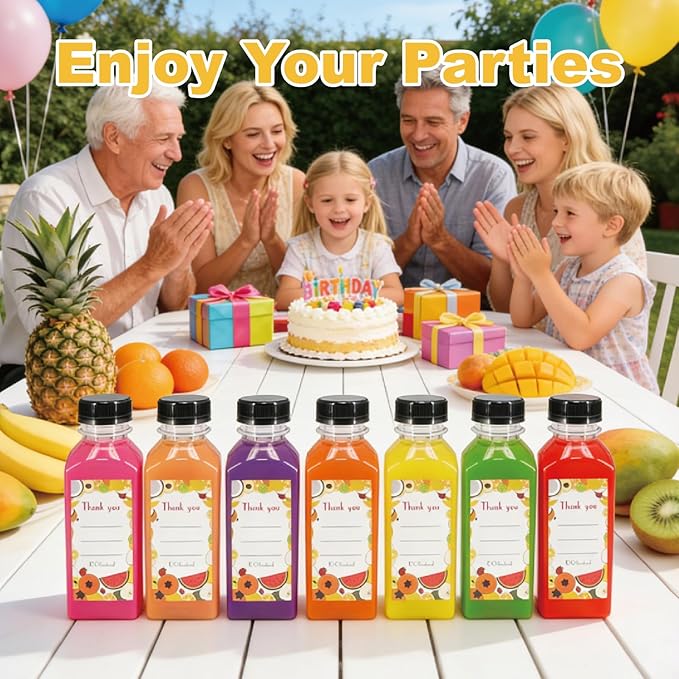 48 Pack 12oz Clear Reusable Plastic Juice Bottles with Caps, Food Grade BPA-Free Leak Proof Juicing Containers with 48 Labels & brush& Silicone Funnels for Homemade Juice, Smoothies & Travel