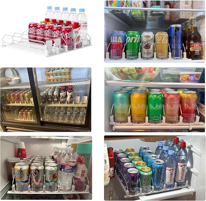 Drink Organizer for Fridge - White Automatic Pusher Glide, 12oz 16oz 20oz - Soda Dispenser for Fridge - Holds up to 25 Cans
