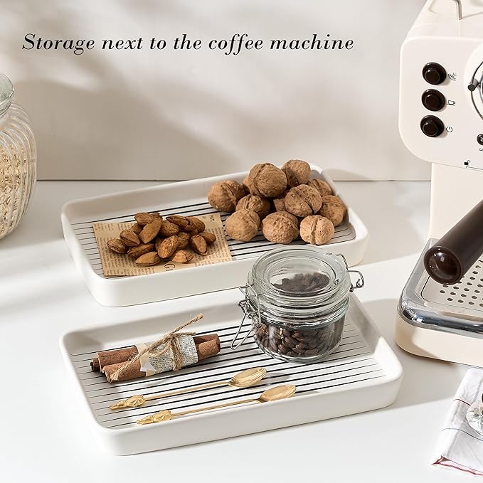 10"×6"×1" White Bathroom Vanity Tray for Countertop- Ceramic Decorative Organizer Tray for Dresser Tops, Toilet, Perfume, Sponge Holder Soap Dish Dispenser for Kitchen Counter- Black Stripes