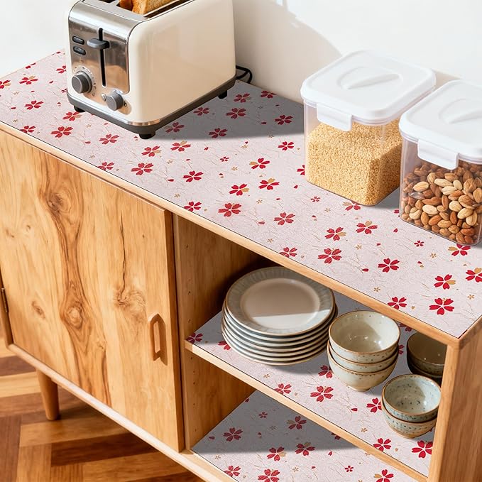 FIFTY FEET 12"x120" Non-Adhesive Shelf Liner for Kitchen Cabinets and Drawers, Washable Non-Slip PVC Cabinet Liner (Red Floral)(9 Roll)