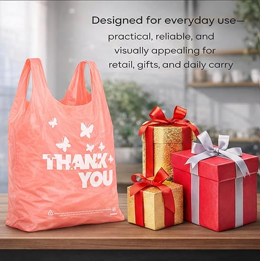 YoYoRain PINK Thank you bags, 1000PCS T shirt bags, To Go Bags,Grocery bags, Reusable and Disposable,Perfect for Small Business,Take Out,Retails,11"x6"x21"(1000)