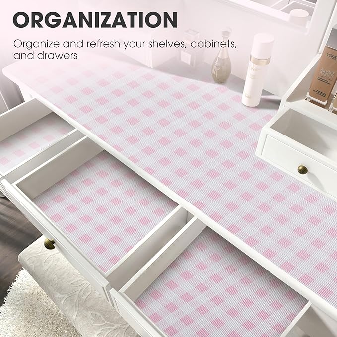 Drawer and Shelf Liner, Non-Slip Kitchen Cabinet Liners Non-Adhesive Thick Strong Grip Waterproof Washable Mats Protect Dresser Shelves Cupboard Bathroom Cabinets, Pink Plaid, 12 in X 10 FT