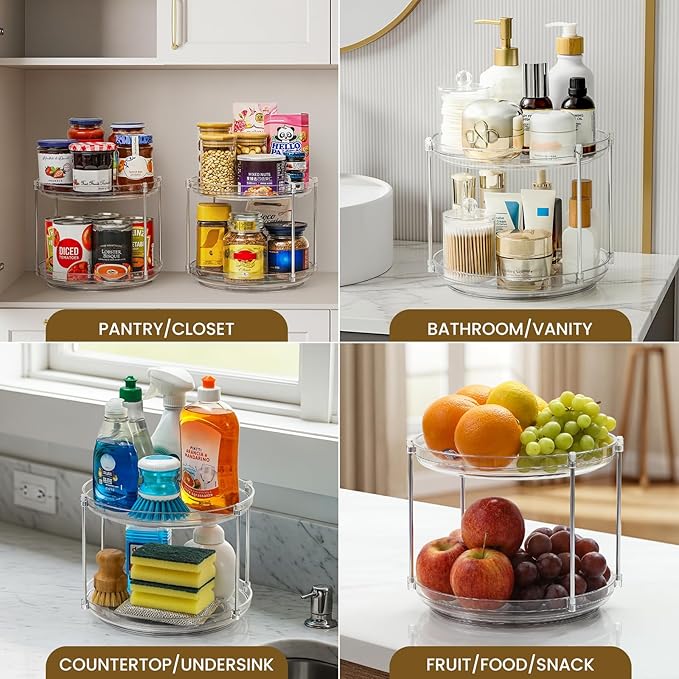 2 Set 2 Tier Non-Skid Acrylic Lazy Susan Turntable Organizer - Rotating Spice Rack - Spinning Organization for Kitchen, Pantry, Countertop, Closet, Bathroom, Vanity, Medicine Cabinet Organizing,9.25''