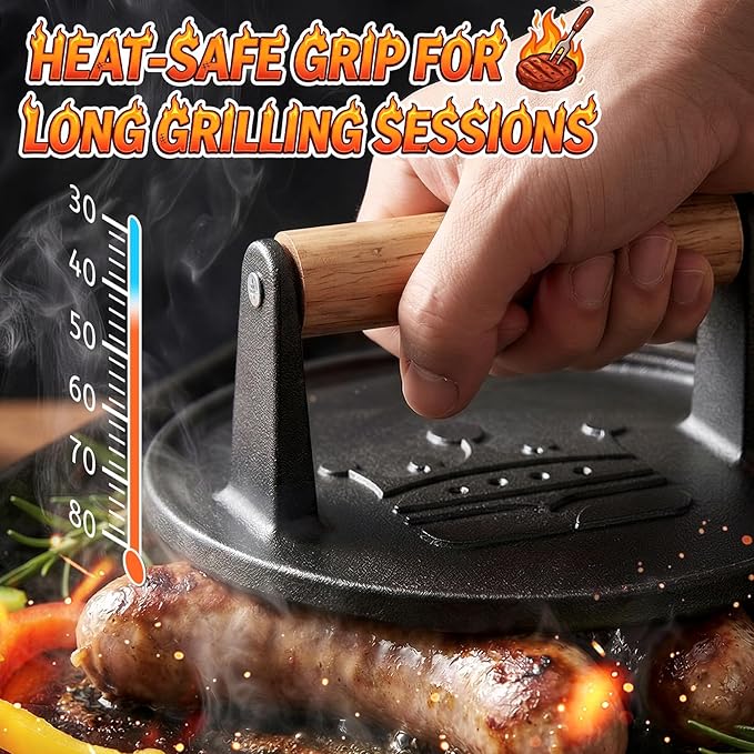 Smash Burger Press 6.5”,Cast Iron Flat Round Edge Grill/Bacon/Meat/Hamburger/Chef Press with Wood Handle,1.74lb hamburger press patty maker for Griddles,Nonstick burger smasher for griddle accessories