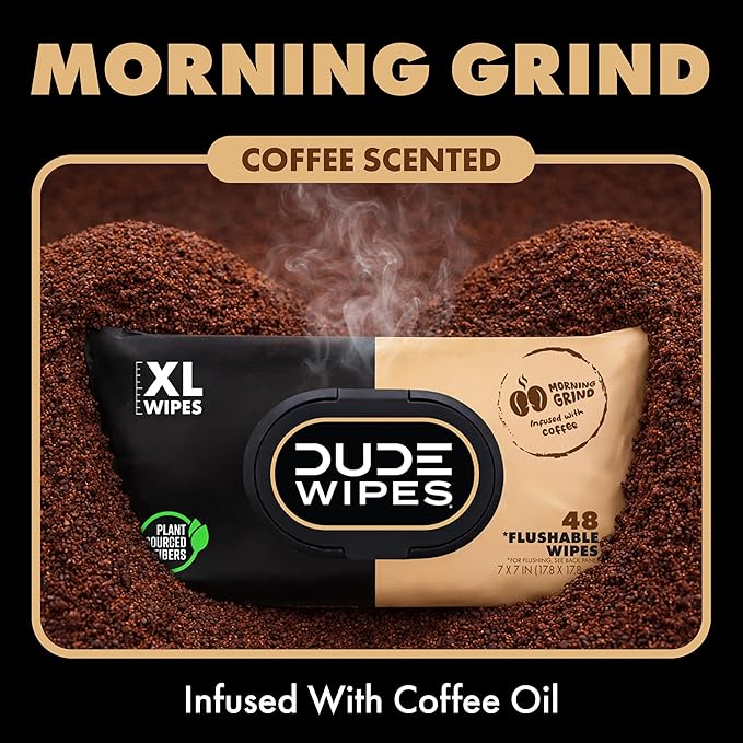 DUDE Wipes Morning Grind Flushable Wipes - Coffee Scented Extra-Large Adult Wet Wipes - 3 Pack (144 Count) - Infused with Coffee Oil, Vitamin E, and Aloe - Septic and Sewer Safe
