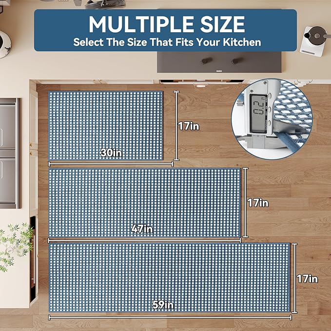 YDKGL Kitchen Mat Kitchen Rugs Sets of 2 PCS Non Slip Washable, Super Absorbent Soft Braided Kitchen Mats for Floor, Rubber Backing Comfort Standing Kitchen Sink Mat Runner Rug, Blue 17"x30"+17"x47"