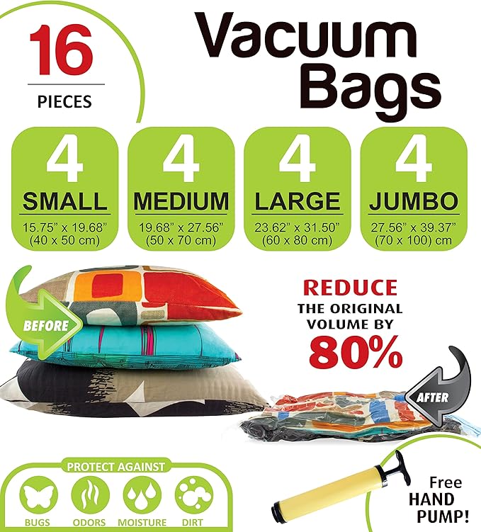 16 Pack Vacuum Storage Bags, Space Saver Bags (4 Jumbo/4 Large/4 Medium/4 Small) Vacuum Sealer Bags for Clothes Storage with Travel Hand Pump
