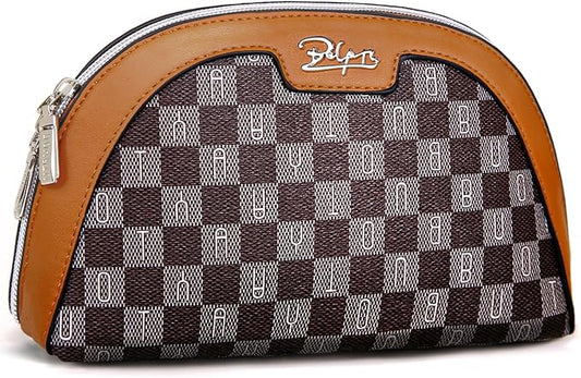 BOYATU Small Travel Makeup Bag for Women: Elegant Vegan Leather Cosmetic Pouch for Purse - Waterproof Toiletry Bag with Mirror (020-Brown)