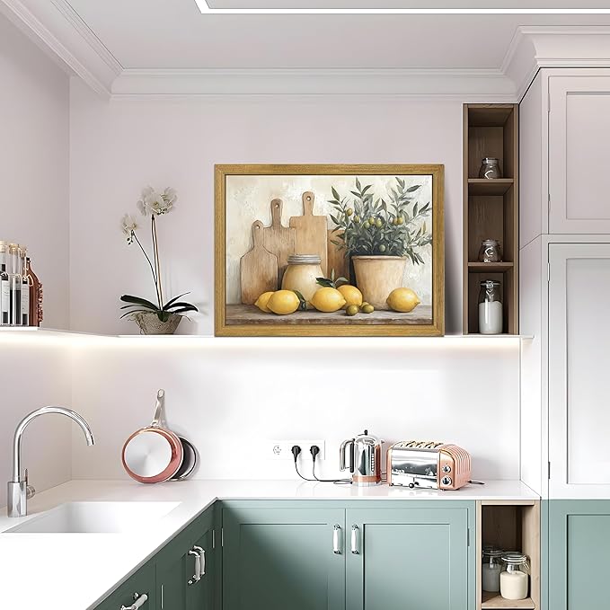 Wood Framed Vintage Kitchen Wall Art, Yellow Lemon Still Life Wall Decor Oil Paintings, Rustic Farmhouse Artwork Canvas Posters Prints Pictures for Living Room Bedroom Home Decor 16x24 Inch