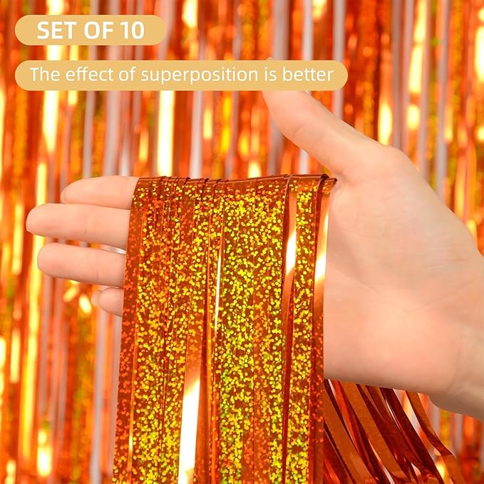 10 Pack Orange Backdrop Curtain 3.2ft x 8.2ft Metallic Tinsel Foil Fringe Curtains Photo Booth Background for Birthday Party Decoration Baby Shower Engagement Wedding Christmas Decoration