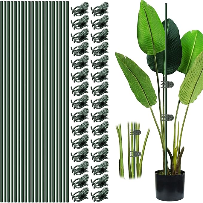 20pcs 15.7" Plant Stakes with 30pcs Clips, Bendable Orchid Stakes and Clips Set, Tall Support for Indoor/Outdoor Plants, Potted Plants, Single-Stem Vines, Flower Plant Support Sticks for Orchid, Rose, Peony