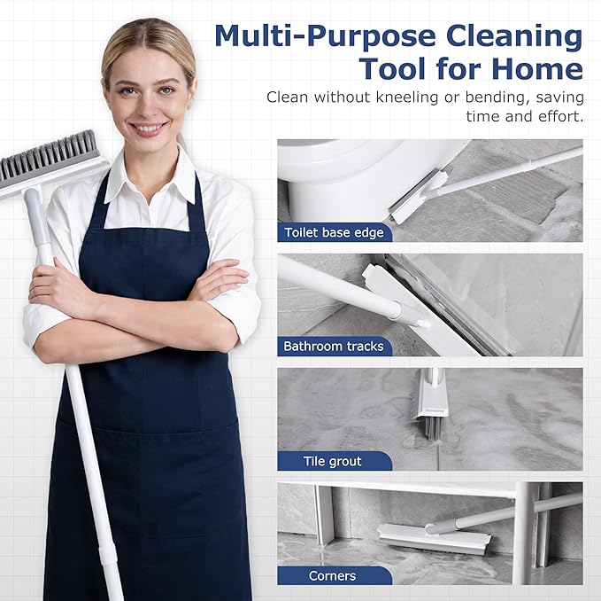 IVYROLL Grout Brush with Long Handle, Floor Cleaning Scrubber with Stiff Bristles for Tile Line, Shower, Crevice, Bathroom, Kitchen and Hard-to-Reach Corners