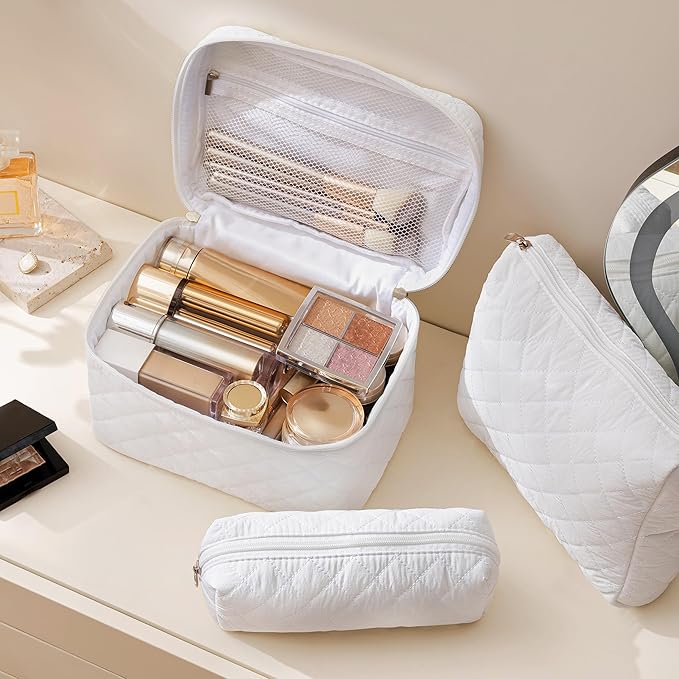 HBselect Quilted Makeup Bag, 3PCS Cotton Large Travel Makeup Bag, Cute Floral Coquette Make up Bag Cosmetic Bag Toiletry Bag for Women Girls