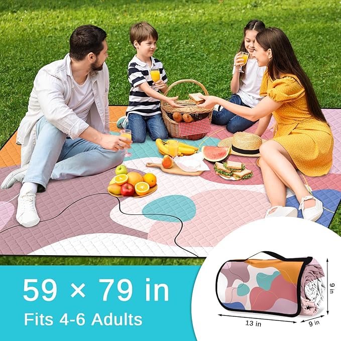 Waterproof Picnic Outdoor Blanket, 79" x 59" Sandproof Foldable Large Picnic Blanket for Beach, Camping, Park, Travel, Concert, Great Gift for Families and Couples (Pink Geometry)