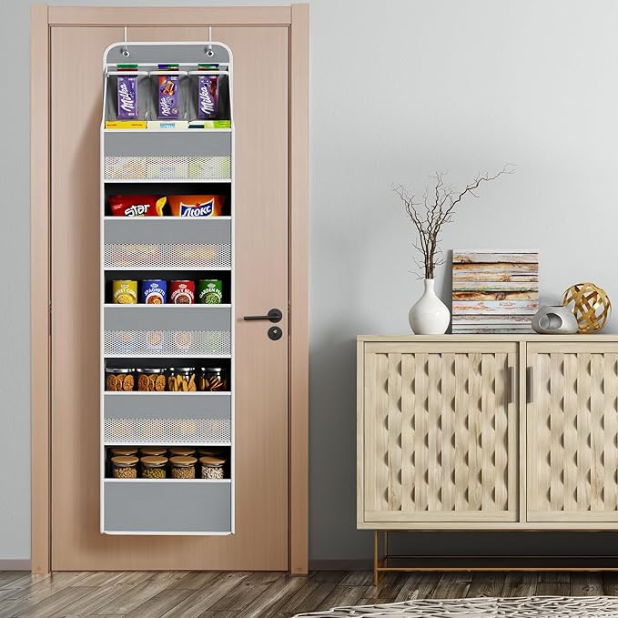 Univivi 6-Shelf Over Door Hanging Organizer Fabric Baby Door Storage with 5 Large Pockets and 3 Small PVC Pockets Wall Mount Hanging Storage Organizers for Baby Essential (Grey)