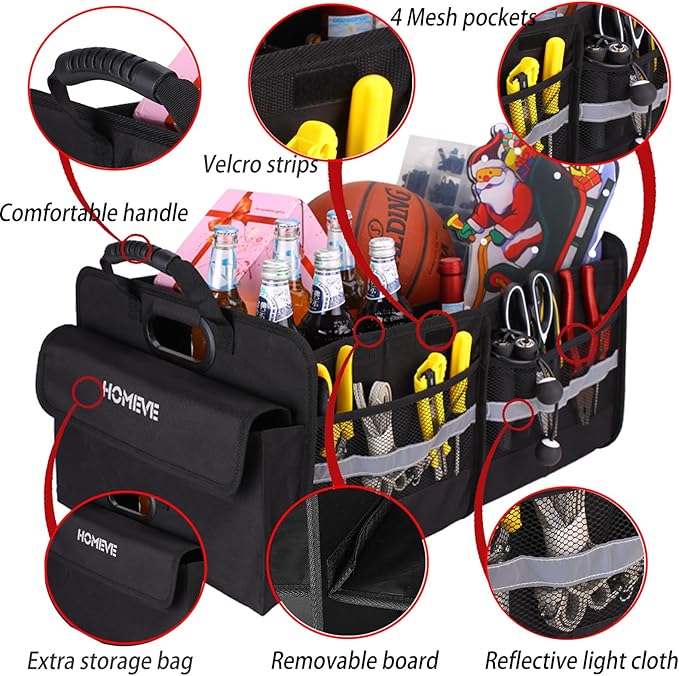 Homeve Trunk Organizer for Car, Collapsible Storage Box, Car Storage Organizer, 3 Compartment, Multi Pockets, Non Slip Strips, Adjustable Securing Straps, Black