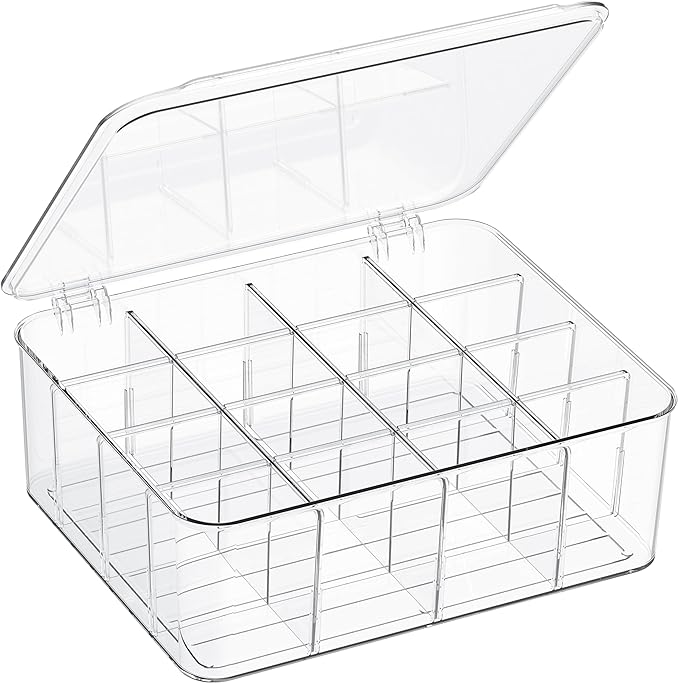 Sock Underwear Organizer, 16 Compartment Adjustable Dividers Bras Socks Underwear Drawer Organizers for Closet, Clear Plastic Storage Containers Box with Lids for Ties Bra Scarf Socks