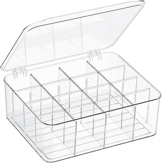 Sock Underwear Organizer, 16 Compartment Adjustable Dividers Bras Socks Underwear Drawer Organizers for Closet, Clear Plastic Storage Containers Box with Lids for Ties Bra Scarf Socks