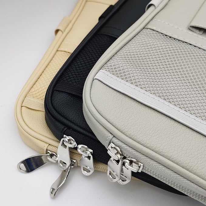 Da by Car Sun Visor Organizer, Multi-Pocket Visor Organizer Storage Pouch for Cars, SUVs & Trucks with Double Zippers, Elastic Bands & Glasses Clip - Organizes Essentials Keep Tidy (Cream Grey)