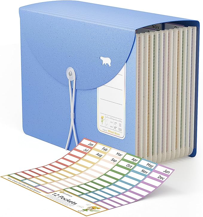 13-Pocket Accordion File Organizer,Wheat Straw Expanding File Folder with Polar Bear Cut-Out,Portable Monthly Paper Bill Tax Receipt Organizer, Letter A4 Size -UN Blue Polar Bear