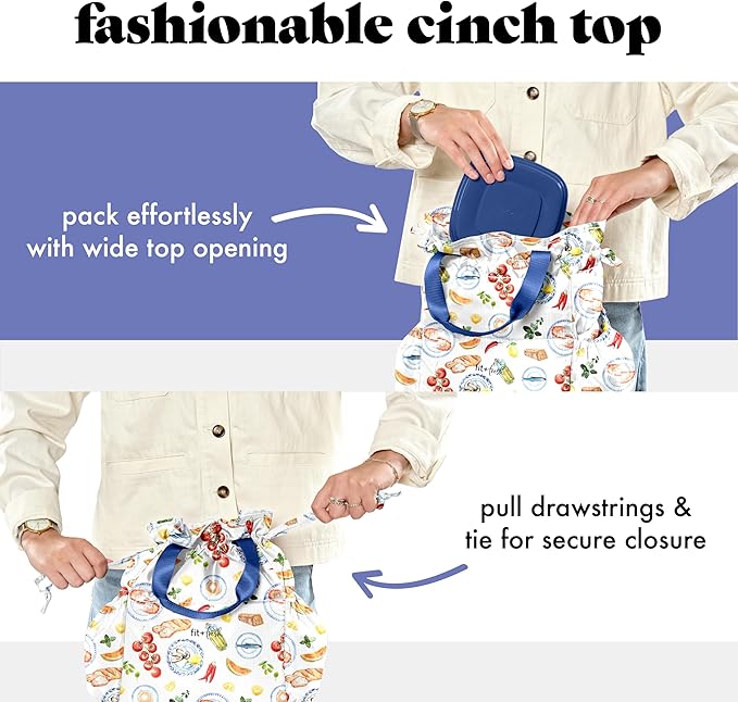Fit & Fresh Cromwell Drawstring Lunch Bag for Women, Complete Lunch Set with 2 Containers, Stain-Resistant, Leak-Resistant, Back to School Essential, Teacher Lunchbox, Al Fresco