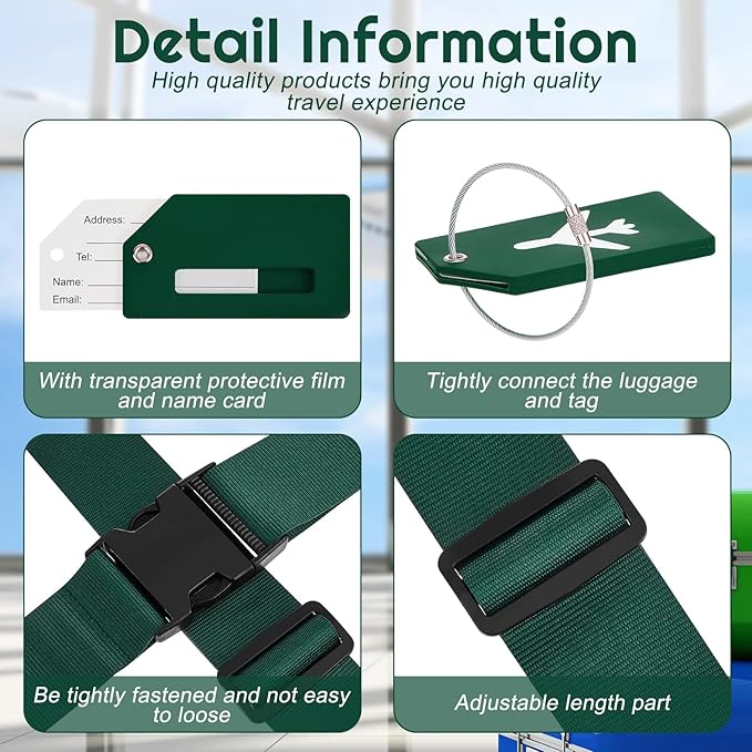 Weewooday 8 Pcs Luggage Straps Suitcase Tags Set for TSA Approved, 4 Travel Adjustable Suitcase Belt, 4 Silicone Luggage Tags with Name ID Card Travel Accessories(Dark Green,Airplane)
