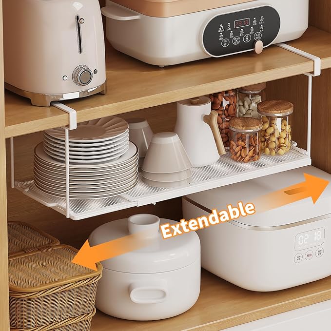 1 Pack Expandable Under Cabinet Shelf, Under Shelf Basket with 0.94 Inches Thick Clips for Kitchen Cupboard, Metal Hanging Under Desk Basket for Laundry Room, Cabinet, Shoe Rack