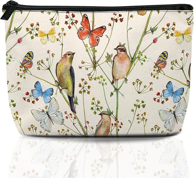Vintage Bird Butterfly Makeup Bag Travel Cosmetic Bag for Women,Floral Small Make up Pouch Travel Bags for Toiletries Aesthetic Accessories Waterproof Gifts
