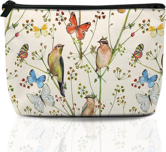Vintage Bird Butterfly Makeup Bag Travel Cosmetic Bag for Women,Floral Small Make up Pouch Travel Bags for Toiletries Aesthetic Accessories Waterproof Gifts