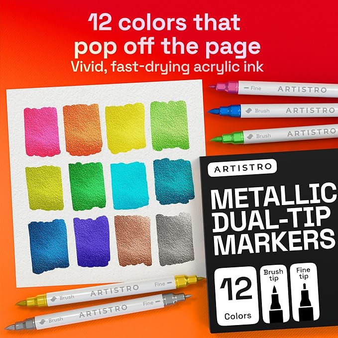 ARTISTRO 12 Metallic Acrylic Paint Markers - Paint Pens for Drawing, Brush + Fine Tips - For Fabric, Rock, Glass, Wood, DIY - Art & Craft Supplies for Adults, Teens, Kids - Teacher Appreciation Gift