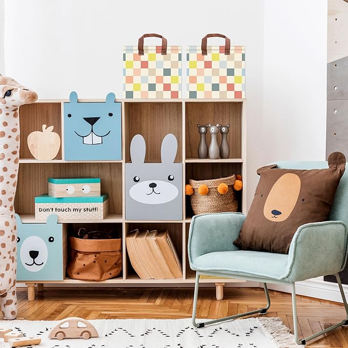 Colorful Checkered Basket Waterproof Canvas Toy Storage Bin Checkered Room Decor Collapsible Outdoor Basket with Leather Handles Colorful Decor Blanket Baskets For Closets,Bedrooms,Gifts Baskets
