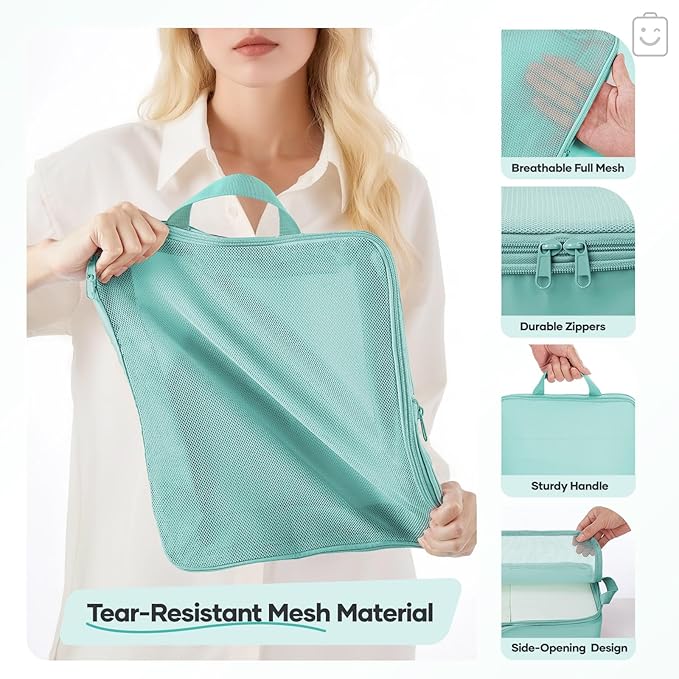 Veken 9/11 Set Compression Packing Cubes for Travel Essentials,Compressible Expandable Large Luggage Suitcase Organizer Bags for Clothing,Durable Space Saver Storage Bags(Blue Green)