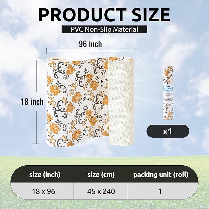 FIFTY FEET 18X96 Inch Shelf Liner for Kitchen Cabinets, PVC Drawer Liner for Dresser Non-Slip Bathroom, Non-Adhesive Cabinet Liner Washable (Yellow Floral)(1 Roll)