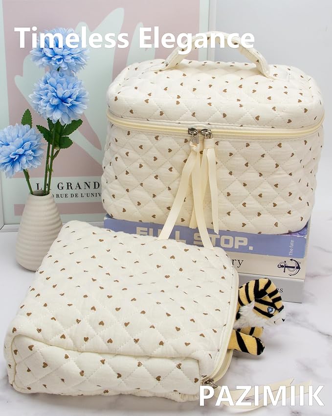 PAZIMIIK Quilted Makeup Bag Large Travel Zipper Soft Cosmetic Case for Women Girls Make Up, Gauze Heart Coffee