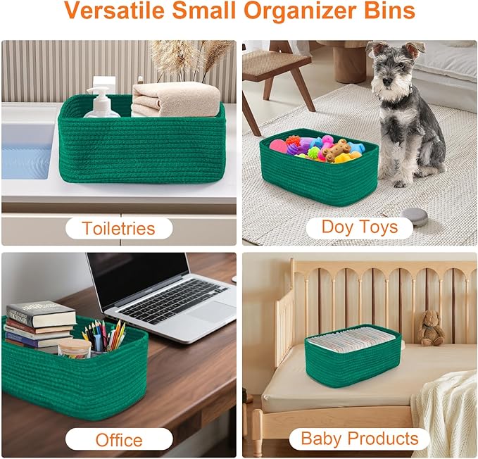 Ordn2Ordn Small Storage Baskets for Organizing, Woven Storage Bins for Shelves, Gift Basket Empty, Cute Decorative Closet Organizer, Baby Rope Basket, Dog Toy Storage, 12.6x8.2x5”, 3Packs Green