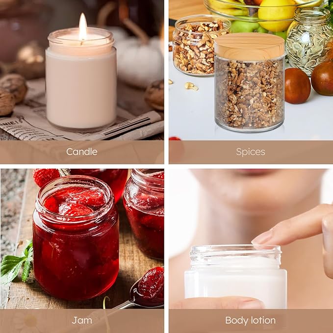 8 OZ Glass Jars with Lids, 2 Pcs Candle Jars with Plastic Woodgrain Lids & Inner Liners, Reusable Travel Containers for Creams, Makeup, Lotion, Cosmetic