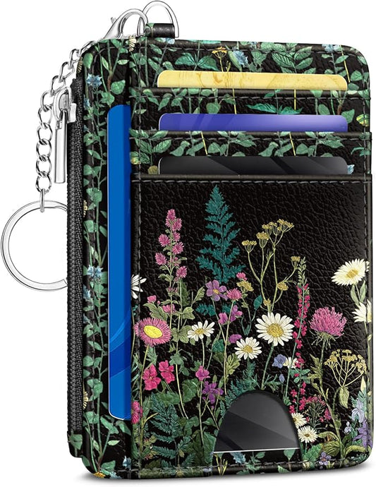 Wildflower Credit Card Holder Small Wallet Women, Flowers Slim RFID Blocking Wallet Woman Keychain with Zipper Coin Pocket, Front Pocket Thin Travel Card Case with ID Window for Ladies Gifts