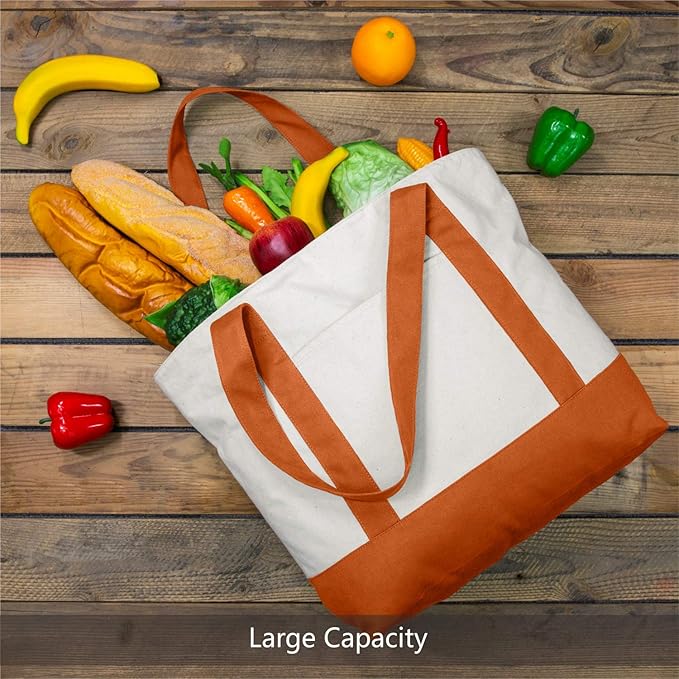 TOPDesign 3-Pack Canvas Tote Bags with an External Pocket, Reusable Grocery Shopping Bags, Top Zipper Closure, Daily Essentials (Orange/Natural)