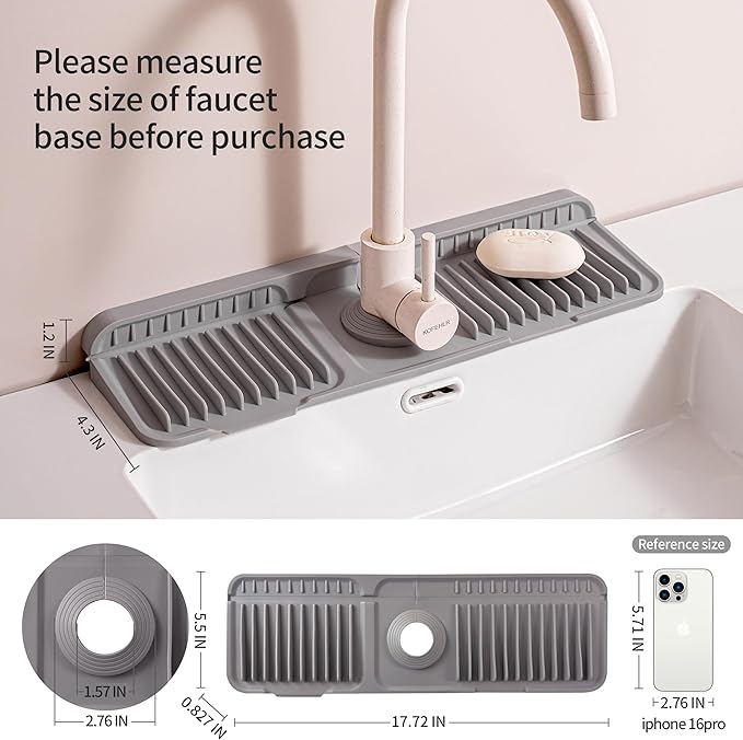 17.7" Silicone Sink Splash Guard - Multi-Functional Kitchen Sink Mat with Drip Tray, Sponge Holder & Soap Dish, 6° Slope Design for Easy Drainage, Foldable & Fasten Button for Secure Fit,（Grey）