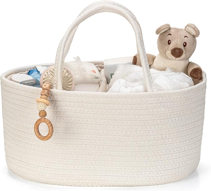 Diaper Caddy Organizer, Empty Gift Basket for Newborn Essentials, Baby Storage Basket, Stylish Gift Bag for Baby Shower, Boys and Girls – Small, Off White