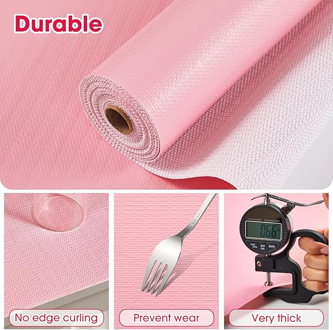 Drawer and Shelf Liner, Non-Slip Kitchen Cabinet Liners Non-Adhesive Thick Strong Grip Waterproof Washable Mats Protect Dresser Shelves Cupboard Bathroom Cabinets, Pink, 24 in X 10 FT