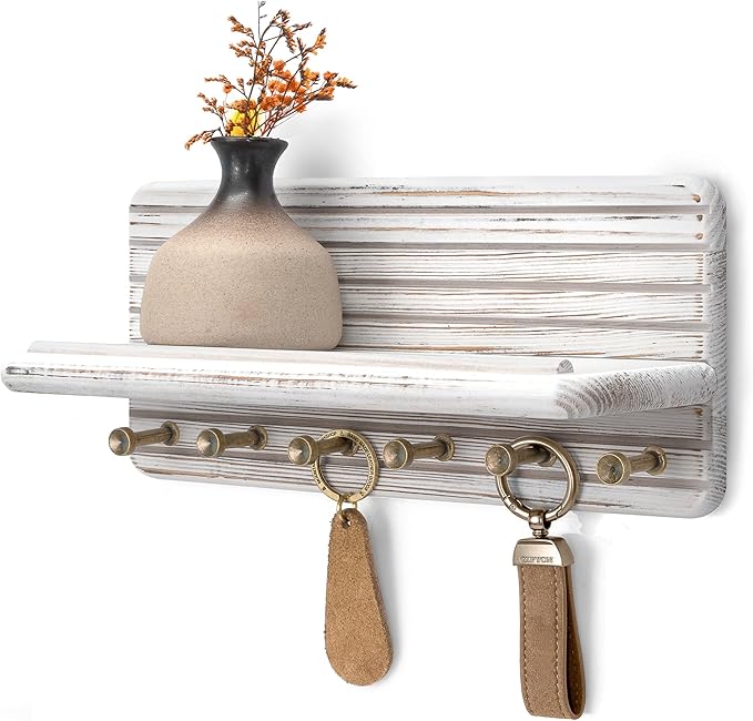 Rebee Vision Decorative Pine Wooden Key Holder Wall Mount for Apartment Essentials – Pine Wooden Key Holder for Wall with 6 Hooks & Floating Shelf – Modern Farmhouse Home Decor (Whitewash)