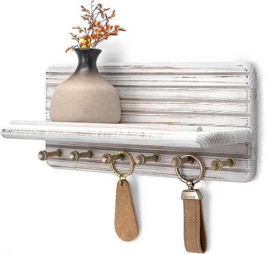 Rebee Vision Decorative Pine Wooden Key Holder Wall Mount for Apartment Essentials – Pine Wooden Key Holder for Wall with 6 Hooks & Floating Shelf – Modern Farmhouse Home Decor (Whitewash)