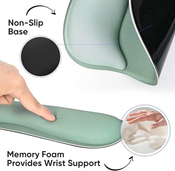 WINTOJO Wrist Rest Support for Mouse Pad Keyboard Set, Circle Coaster, Gaming Mouse Pad, Ergonomic Gel Memory Foam Set for Computer, Laptop, Office, Pain Relief, Comfortably Typing, Pure Green, KM-34
